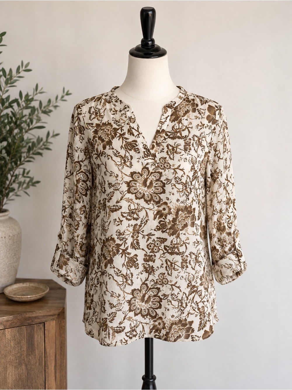 Susan Graver Cream and Brown Floral V-Neck Blouse